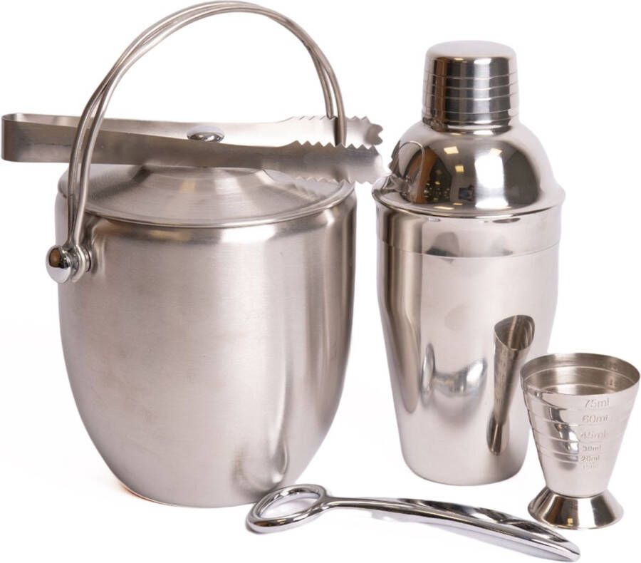 BarCraft 4-delige bargerei set inclusief roestvrijstalen ijsemmer met tang jigger flesopener en cocktailshaker