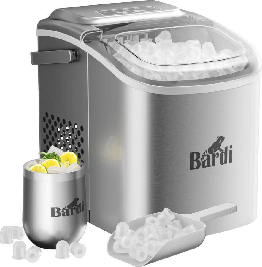 Bardi Deluxe IJsblokjesmachine – IJsblokmaker Inclusief Gratis Luxe Thermosbeker en IJsschep – 9 Blokjes in 8 Minuten – RVS