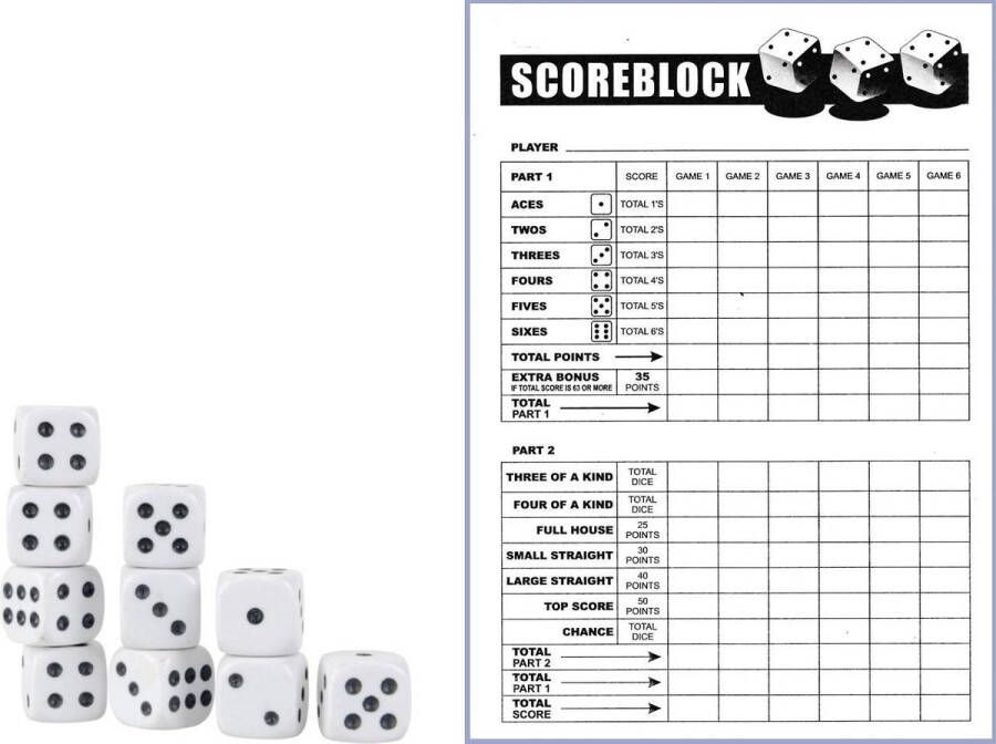Barkleydeal Yahtzee Scoreblok + 10x Witte Dobbelstenen | Spel voor op Reis | Scoreblock | Spelletjes | Dobbelspellen | Spellen