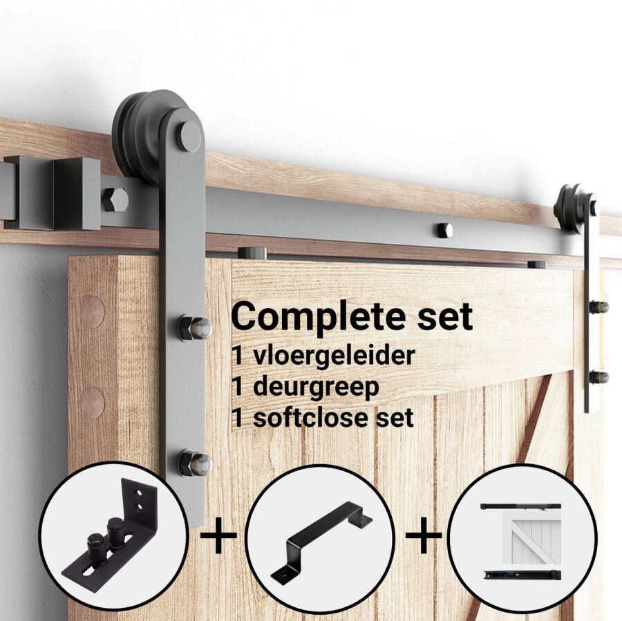 Barnwood Originals Schuifdeur railsysteem complete set met hangrollen klassiek 2 meter inclusief Deurgreep Softclose systeem en wand-Deurgeleider