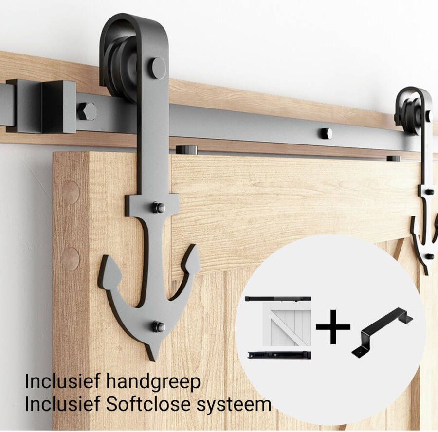 Barnwood Originals Schuifdeursysteem Anker Schuifdeurbeslag Complete set Softclose systeem Deurgreep 200cm rails