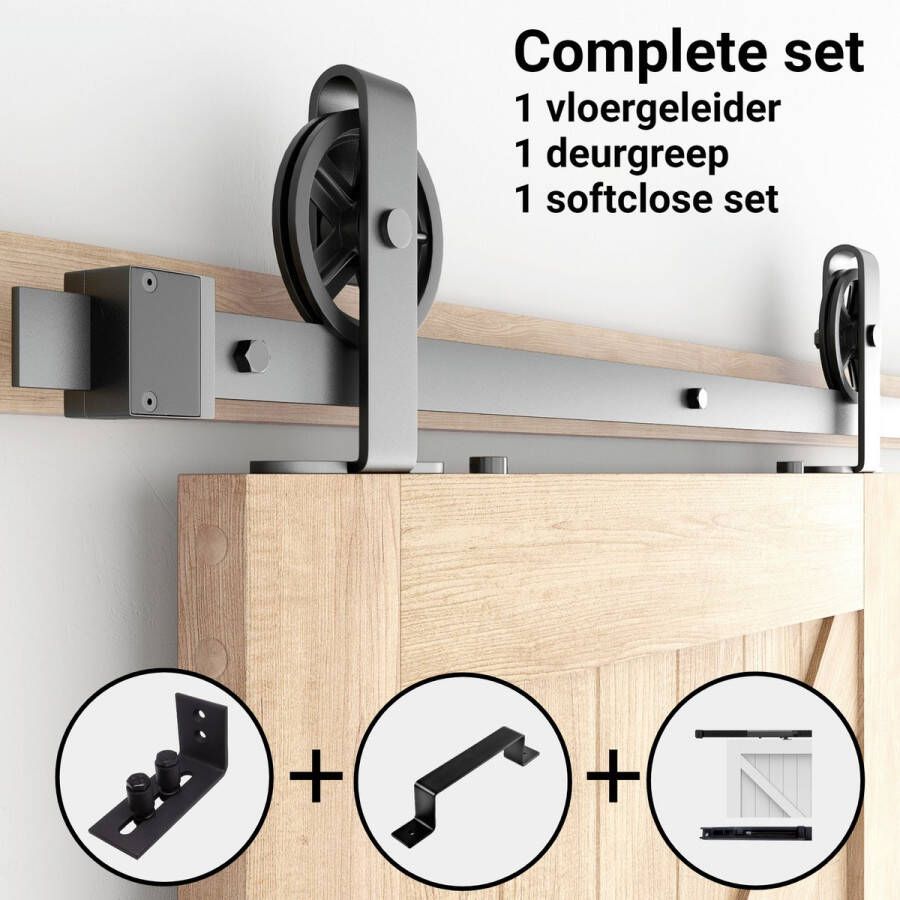 Barnwood Originals Spaakwiel Topmontage schuifdeursysteem Complete set inclusief Deurgreep Softclose systeem en Wand-Deurgeleider
