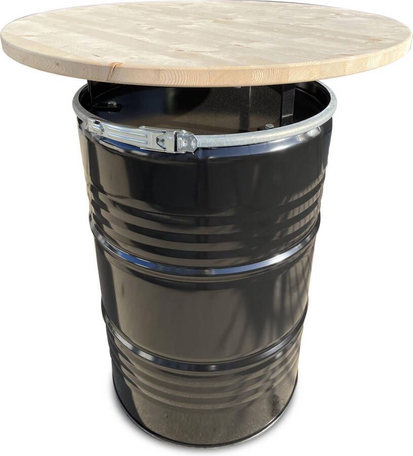 Barrelkings industrieel metalen 200 210 liter Olievat- Vuurton statafel| Bar tafel| Hangtafel met gelakt houten blad| 80x105 cm| Deksel tafelblad afneembaar
