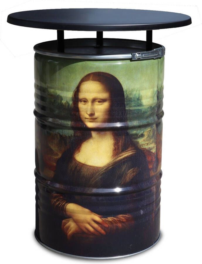 Barrelkings statafel 200l olievat full color bedrukt: Leonardo Da Vinci- Mona Lisa kunst met zwart ronde blad. 80x105 cm Geschikt voor de horeca tuin terras huiskamer- Decoratietafel