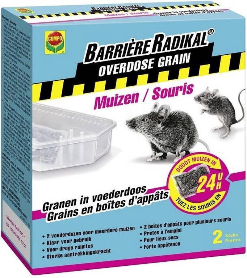 Compo Barriere Radikal Overdose Grain 24H Muizen voorgedoseerde zakjes in voederdoos droge ruimtes snelle werking 24 uur 2 x 10 g