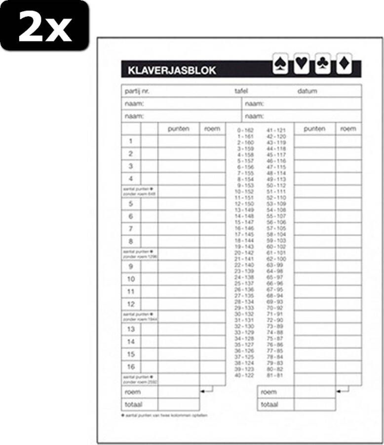 Basic 2x Grootletter Scoreblok Klaverjassen A4 blok Van 50 Vel