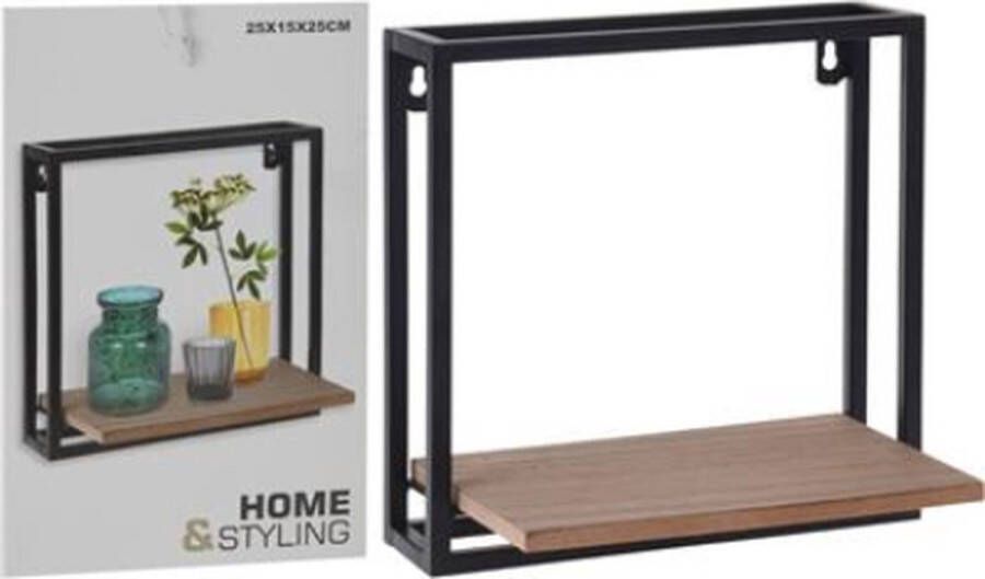 Basic Home & Styling Metalen Ophangrek met Houten Plank 25x15x25 cm Zwart Bruin