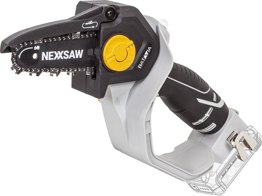 Batavia Mini Kettingzaag Chainsaw 6'' Nexxsaw 18V Incl. 2.0 Ah Accu 4.0 Ah Lader Met deze compacte kettingzaag zaag je snel en gemakkelijk takken en andere houtsoorten Maxxpack