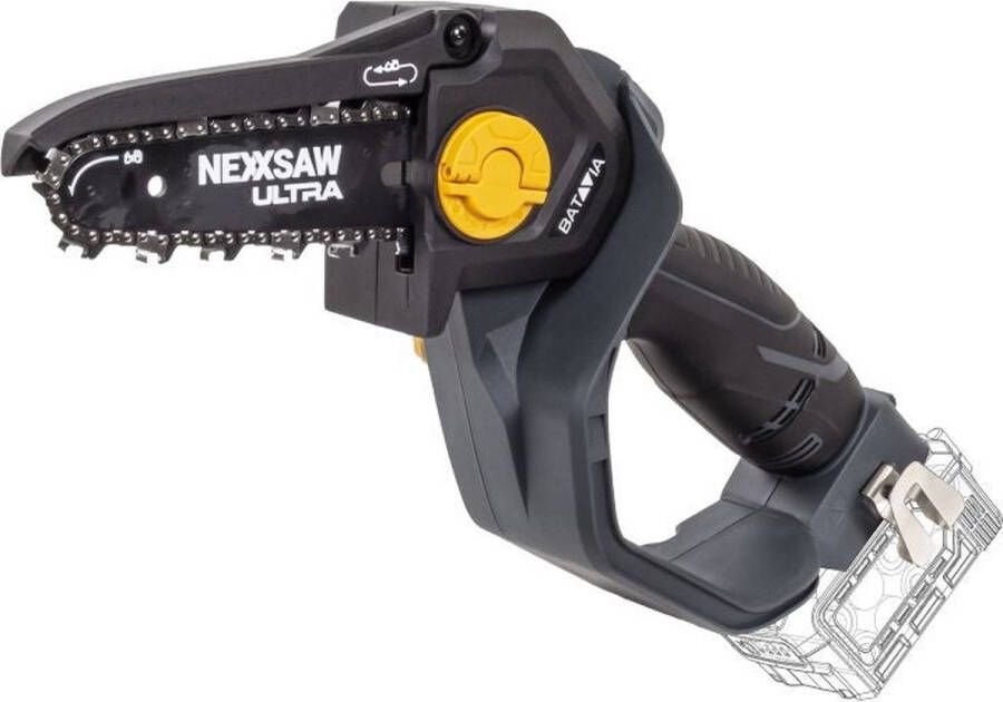 Batavia Mini Kettingzaag 7'' Nexxsaw Brushless 18V Incl. 2.0 Ah Accu 2.4 Ah Lader verlengsteel 124 CM Met deze compacte kettingzaag zaag je snel en gemakkelijk takken en andere houtsoorten Ultra