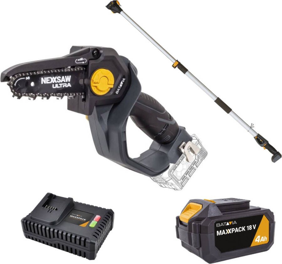 Batavia Mini Kettingzaag 7'' Nexxsaw Brushless 18V Incl. 4.0 Ah Accu 4.0 Ah Lader verlengsteel 124 CM Met deze compacte kettingzaag zaag je snel en gemakkelijk takken en andere houtsoorten Ultra