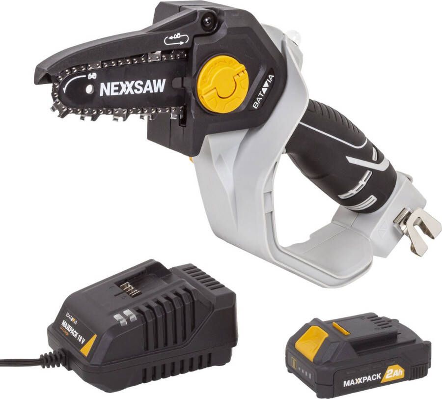 Batavia Mini Kettingzaag Chainsaw 6'' Nexxsaw 18V Incl. 2.0 Ah Accu 2.4 Ah Oplader Met deze compacte kettingzaag zaag je snel en gemakkelijk takken en andere houtsoorten Maxxpack