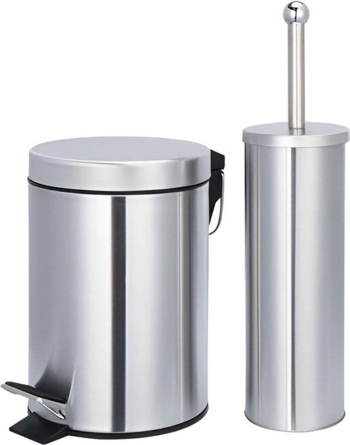 Bathroom Solutions RVS Prullenbak 3L met Bijhorende Toiletborstelhouder en Toiletborstel Afvalemmer Roestvrijstaal Houder Pedaalemmer Prullenbakken Vuilnisbak