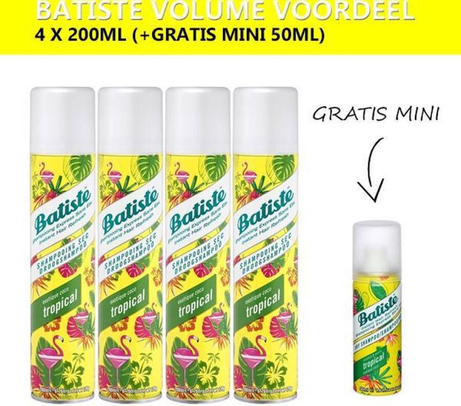 Batiste Droogshampoo Tropical Volumevoordeel 4 x 200ml Gratis Mini 50ml