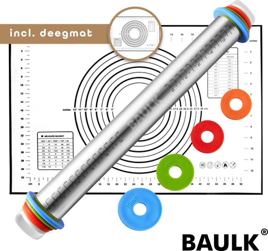 BAULK Deegroller Bakmat verstelbare deegroller bakspullen RVS deegmat antikleef