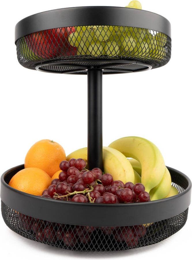 BAULK Fruitschaal zwart – Fruitmand – 2 laags – Metaal – Modern – Medium – 30cm – Afzonderlijk bruikbaar
