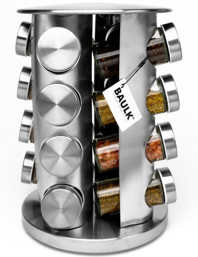 BAULK Kruidenrek – Kruidenrek staand – 16 kruidenpotjes – 360° draaibaar – Modern – Roestvrij – Met stickers & Trechter –