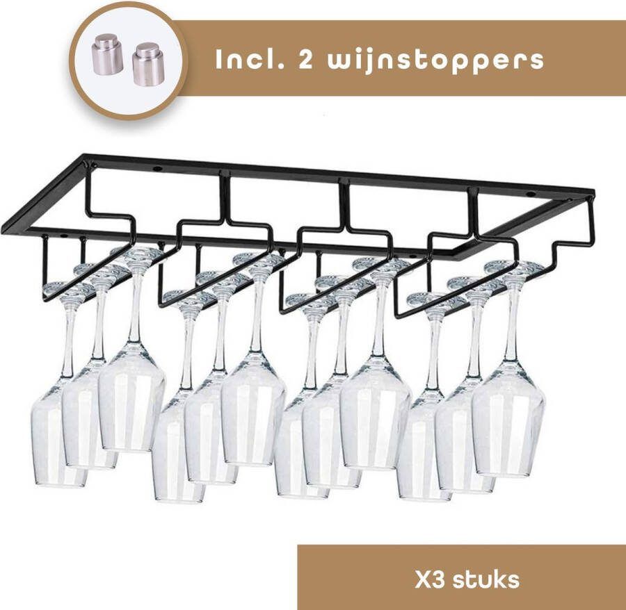 BAULK Wijnglazenhouder Wijnglazenrek Wijnglazen rek Glazenrek 3 Stuks Hangend Tot 12 glazen 2 gratis wijnstoppers 4 rijen zwart