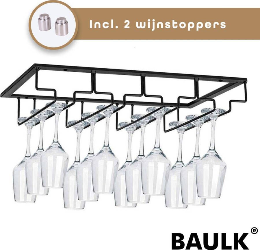 BAULK Wijnglazenhouder Wijnglazenrek Wijnglazen rek Glazenrek Hangend Tot 12 glazen 2 gratis wijnstoppers 4 rijen zwart
