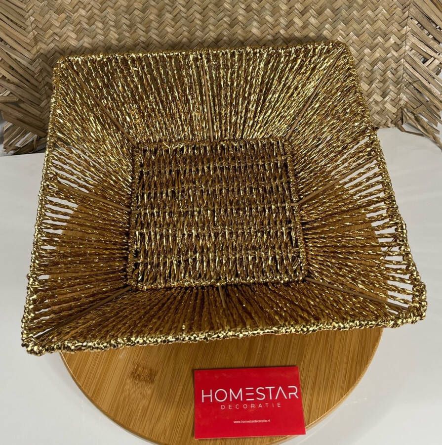 Bavary Homestar Decoratieve schaal-Broodmand decoratie Metalen fruitmand met touw fruitschaal goud recht hoek 29 x 29 cm Fruitschalen fruitmanden Draadmand