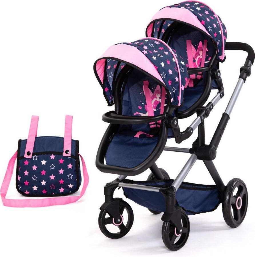 Bayer Design 26716AA Tweeling poppenwagen Twin Xeo wagen verstelbare handgreep tas blauw roze sterren
