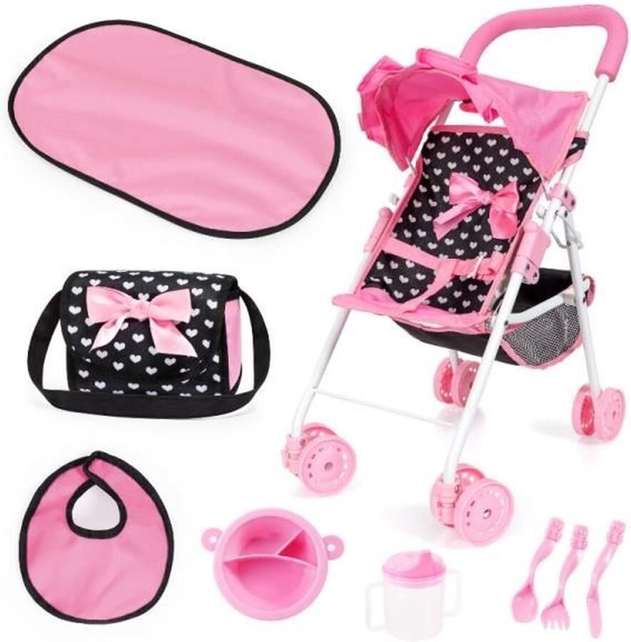 Bayer Design Poppenbuggy met dak dubbele wielen harnas geïntegreerde mand tas aankleedkussen poppenaccessoires