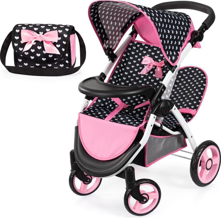 Bayer Design Tweeling poppenwagen Twin Xeo dubbele poppenwagen verstelbare duwstang tas in zwart wit roze
