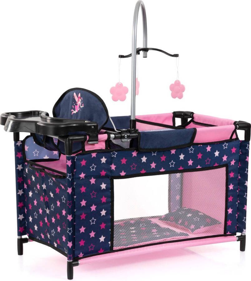 Bayer Design Poppenbed met geïntegreerde kinderstoel kastcompartiment mobiel kussen dekbed poppenaccessoires in blauw met sterren