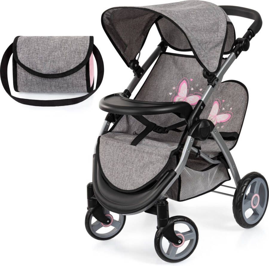 Bayer Design Tweeling poppenwagen Twin Xeo dubbele poppenwagen verstelbare duwstang tas in jeans-grijs roze