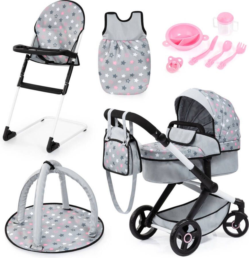 Bayer Design XEO poppenwagenset met tas kinderstoel slaapzak speelboog poppenaccessoires in grijs
