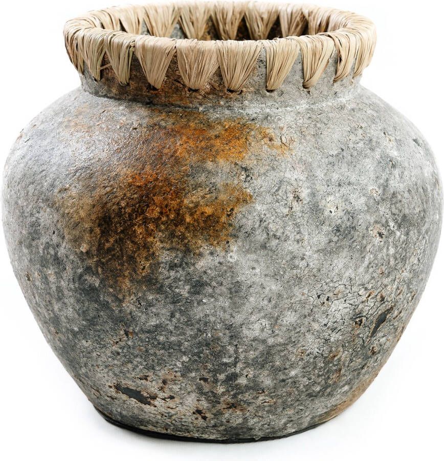 Bazar Bizar Vaas Styly Terracotta en raffia Antiek Grijs
