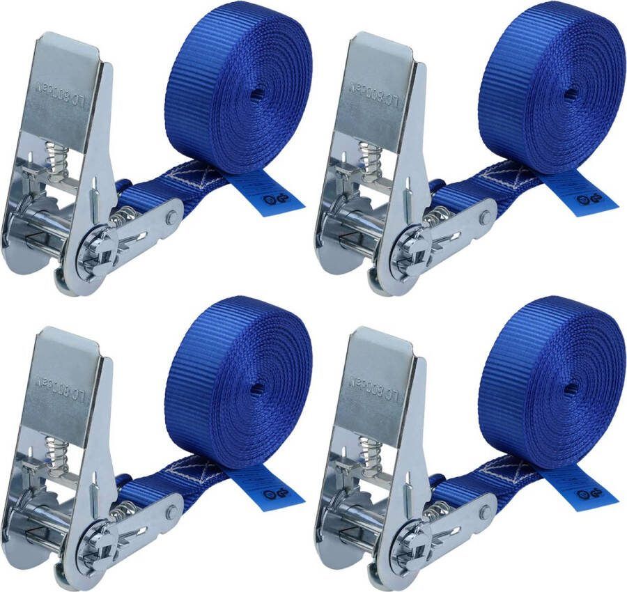 BB Sport Spanband met ratel 4 stuk ratelbanden spanband bevestigingsband blauw 4 m of 6 m 25 mm breed belastbaar tot 800 kg DIN EN 12195-2 4 stucks 2.5 cm x 4 m
