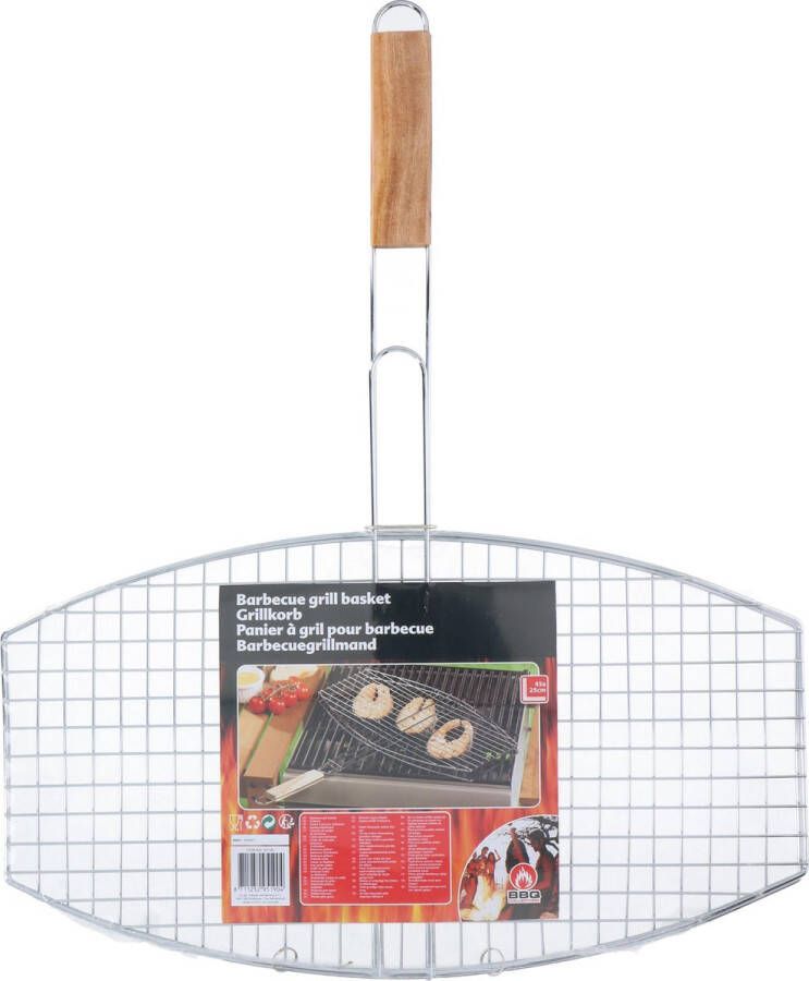 BBQ Collection Grillklem Barbecuerooster voor Vis of Vlees Houten Handvat 55 x 45 x 1 5 cm RVS