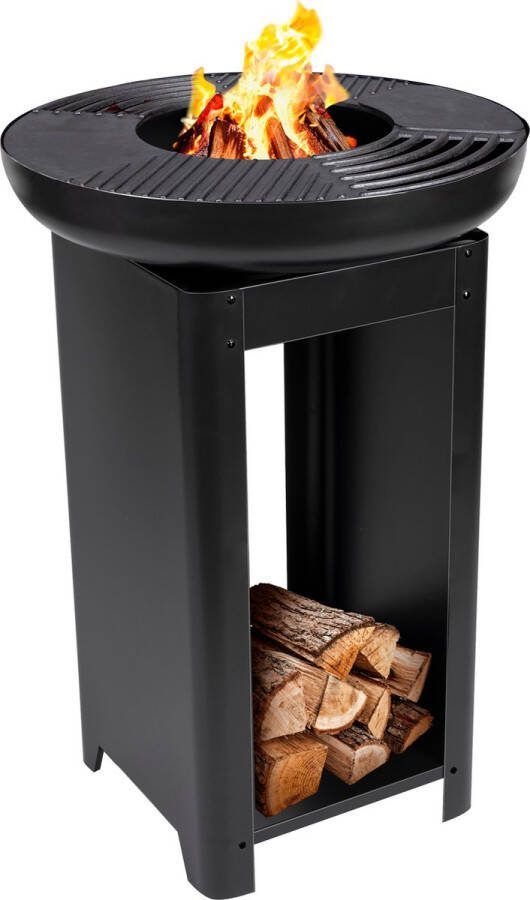 BBQ Collection 3-in-1 Vuurkorf en Grillplaat Tuinhaard 61 x 90 cm met Teppanyaki Bakplaat Plancha BBQ met Brandhout Opslagplaats Vuurkorf voor Buiten Metaal