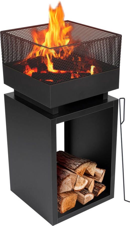 BBQ Collection Vuurkorf met Vonkenscherm Tuinhaard 39 x 39 x 85 cm Buitenhaard met Pook en Brandhout Opslag Houtkachel voor Tuin en Terras Buitenkachel voor Hout Carbon Staal