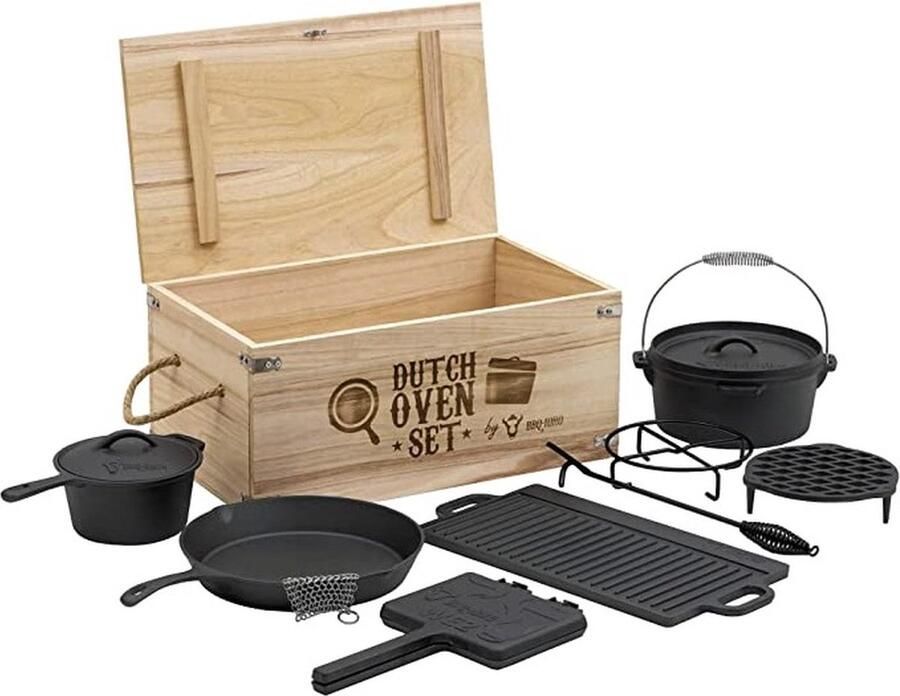 BBQ Toro 10-delige Gietijzer kampeerset Dutch Oven set met stoofpan houten kist wafelijzer steelpan grillplaat stapelrooster onderzetter deksellifter ringreiniger gietijzeren vuurpan met deksel