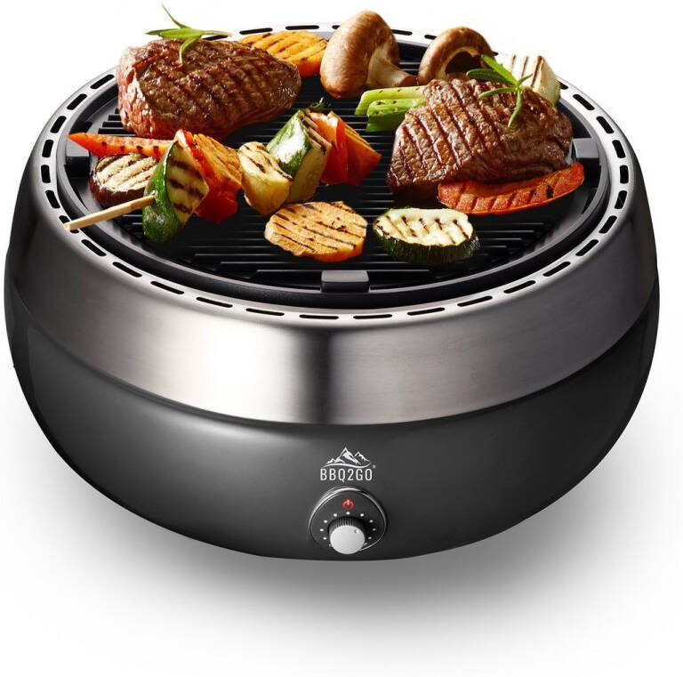 BBQ2GO PRO- Rookvrije houtskool tafelbarbecue regelbare Temperatuur door ingebouwde ventilator Cast aluminum grillplaat 1 2 kg met voldoende massa om een dik stuk vlees of vis goed dicht te schroeien
