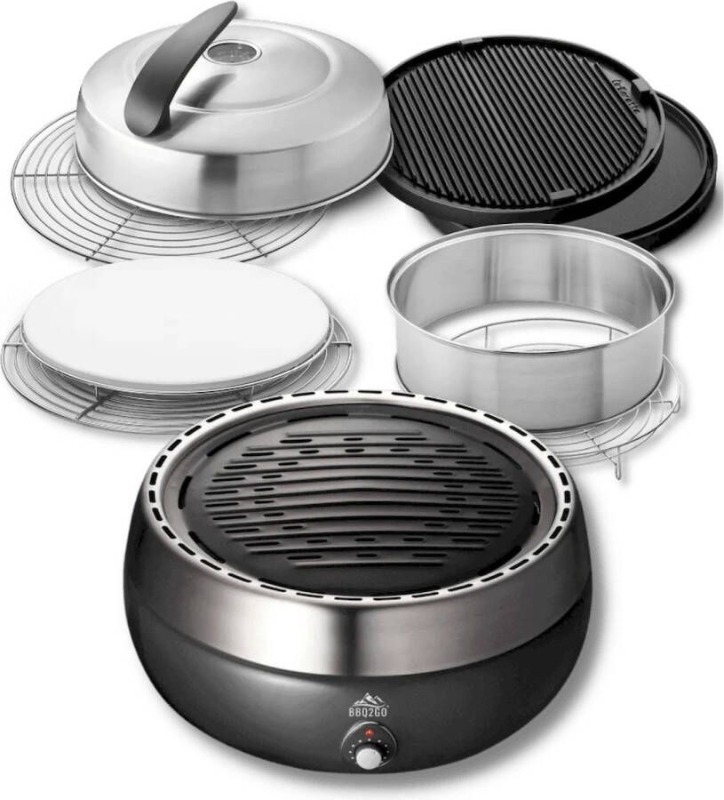 BBQ2GO PRO PACK Rookvrije houtskool bbq Ø 30cm met vetopvang bak Regelbare temperatuur door ventilator. Incl.draagtas Deksel+rooster voor indirect grillen verhogingsring+rooster voor roken ovenfunctie indirect grillen en een pizzaset
