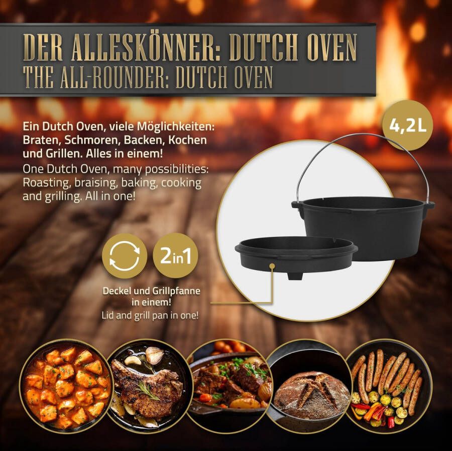 BBQ#BOSS Dutch Oven Set BBQ 4.2L zwart gietijzer met dekselheffer en onderzetter
