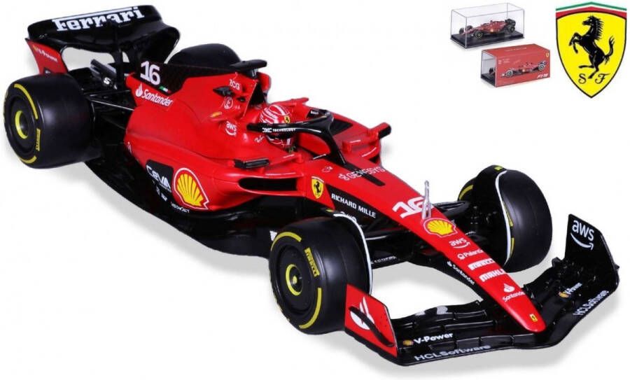 Bburago Ferrari F1 #16 Charles Leclerc Formule 1 seizoen 2023 in luxe bewaarcase met helm schaal 1:43