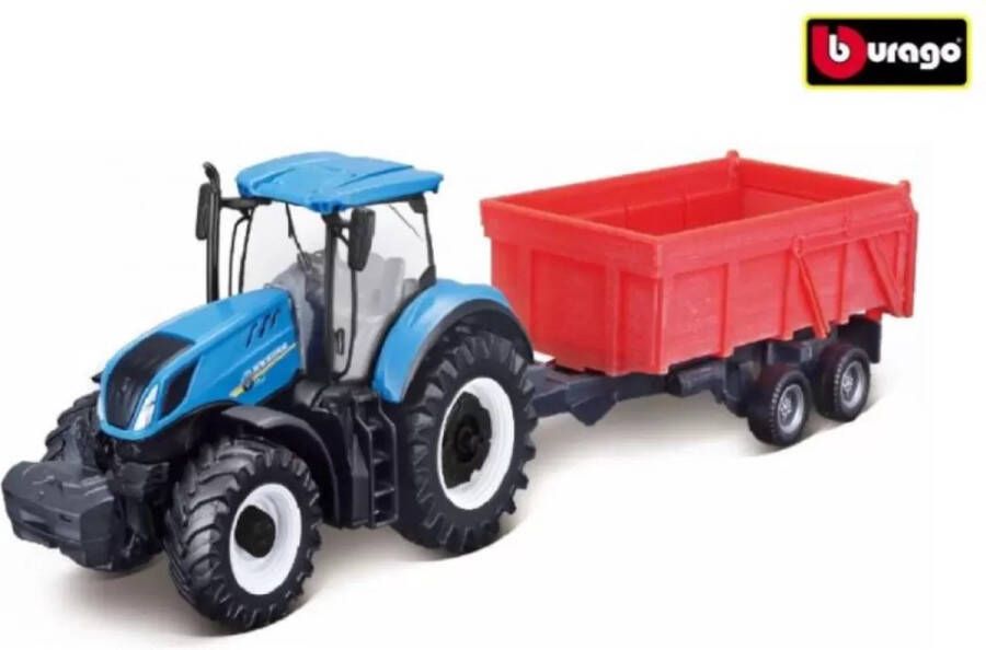 Bburago New Holland T7.315 Tractor + Tipping Trailer 10 Cm blauw rood