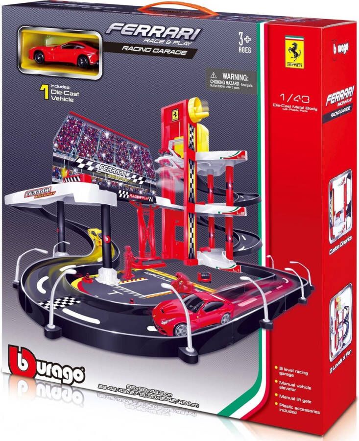 Bburago Race & Play garage speelset met 3 verdiepingen + 1 Ferrari F12 1:43 rood