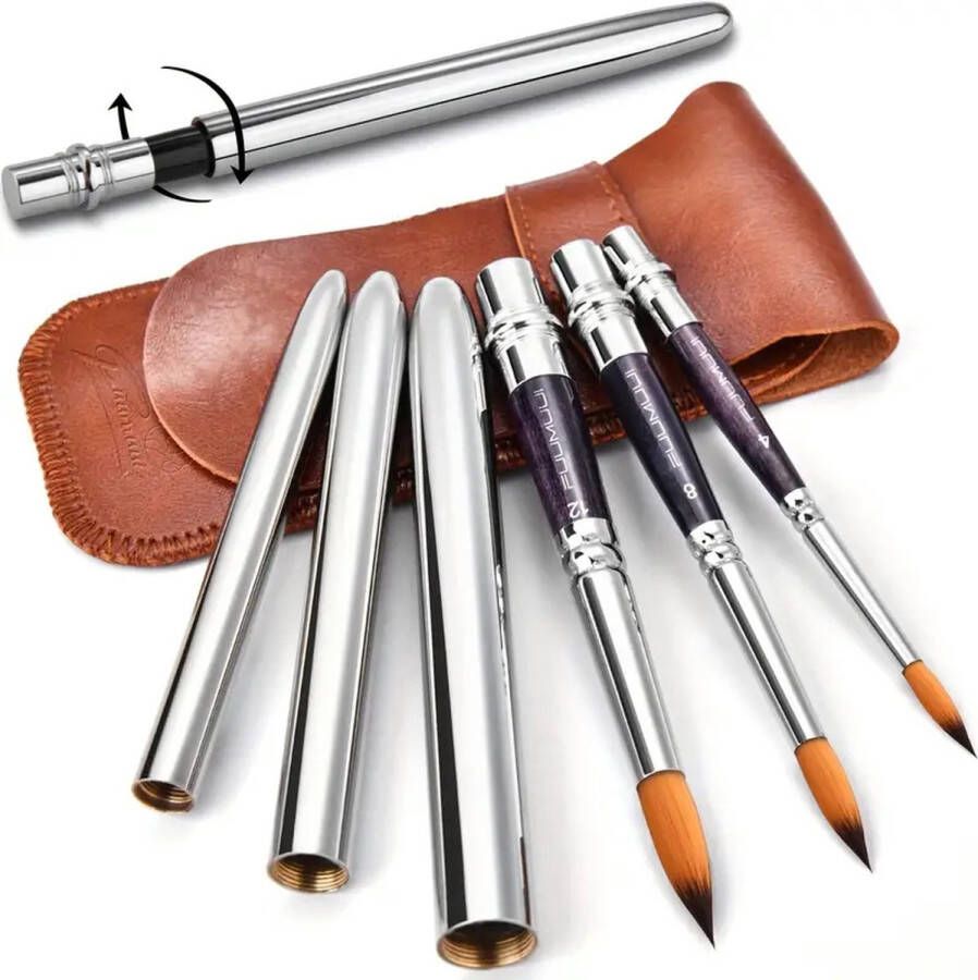 BDB Trading Reis Waterverf Penselen Ronde Extra Lange Synthetische Sable Pocket Verf Penselen Met Beschermende Case Handvat Perfect Voor Waterverf Acryl Gouache Inkt 3pcs Als Halloween Kerstcadeau