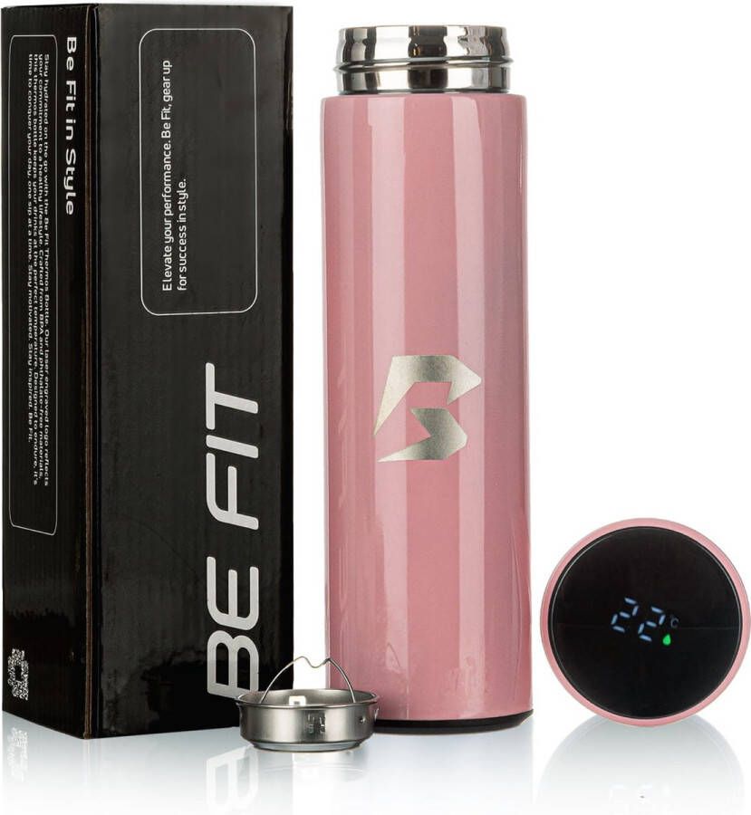 Be Fit Thermosfles RVS Thermosbeker Thermoskan Bidon & Drinkfles Drinkflessen Sport & Fitness Isoleerfles Koffiebeker 500 ML met LED Display Roze