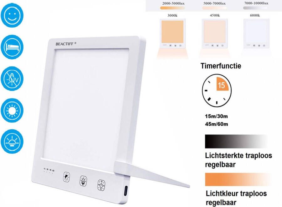 Beactiff Daglichtlamp met Timer kleur en sterkte traploos instelbaar lichttherapie-lamp energielamp winterdepressie Energylight-Energyup Sunlight LED SAD Light zonlicht Lamp 2.000 tot 10.000 lux