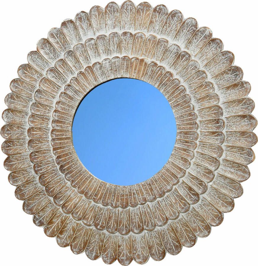 Beactiff Luxe Spiegel zon zonnebloem mangohout white wash rond 90cm mooie Maya style tuinspiegel binnen en buitenspiegel onder overkapping oorspronkelijk €199.95 op=op