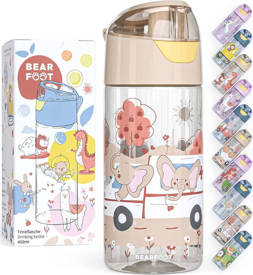BEARFOOT Drinkfles voor kinderen 450 ml lichte Tritan waterfles BPA-vrij lekvrij geschikt voor koolzuur vaatwasmachinebestendig voor jongens meisjes en peuters beige