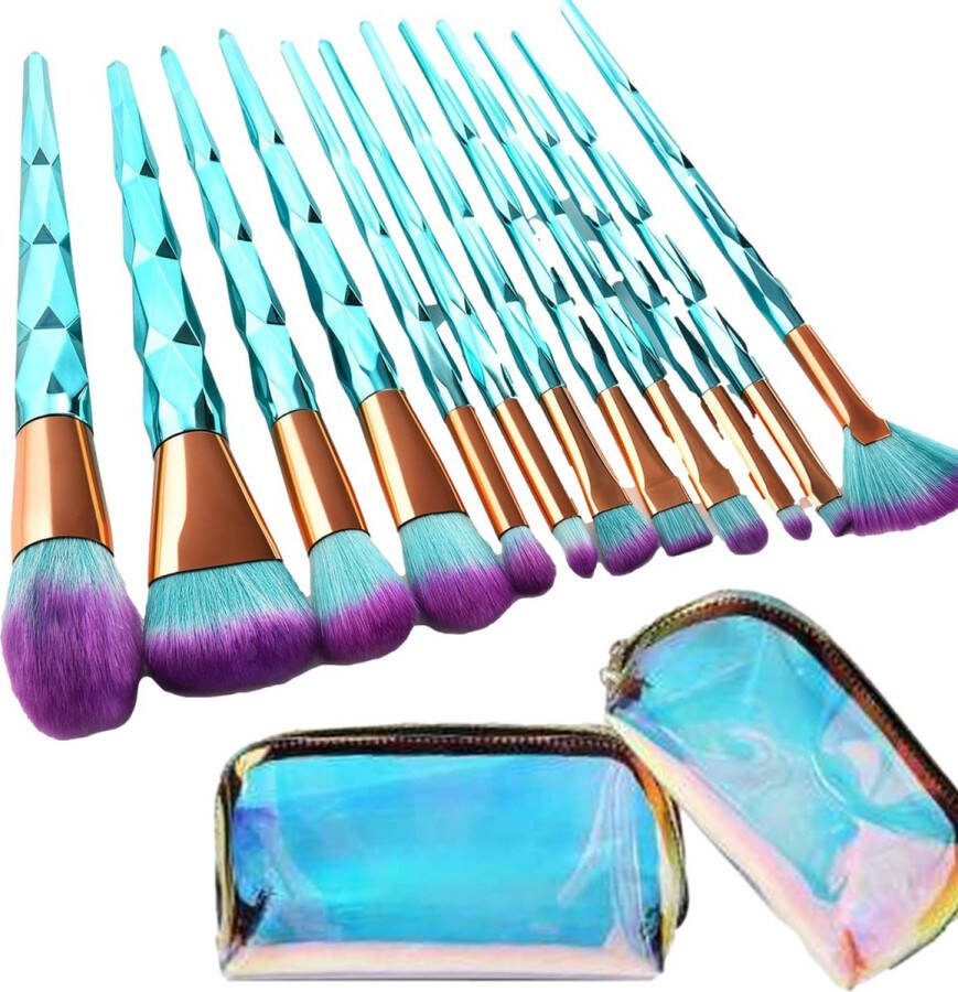 BeauRose Make Up Kwasten Set Blauwe Make Up Brush Oogschaduw Foundation Kwast Poeder Kwast Brush Make up Cosmetica Kwasten Set – Make Up Tasje 12 Stuks