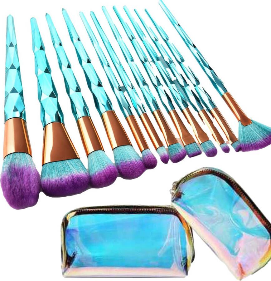 BeauRose Make Up Kwasten Set Blauwe Make Up Brush Oogschaduw Foundation Kwast Poeder Kwast Brush Make up Cosmetica Kwasten Set – Make Up Tasje 12 Stuks Valentijn Cadeautje Voor Haar