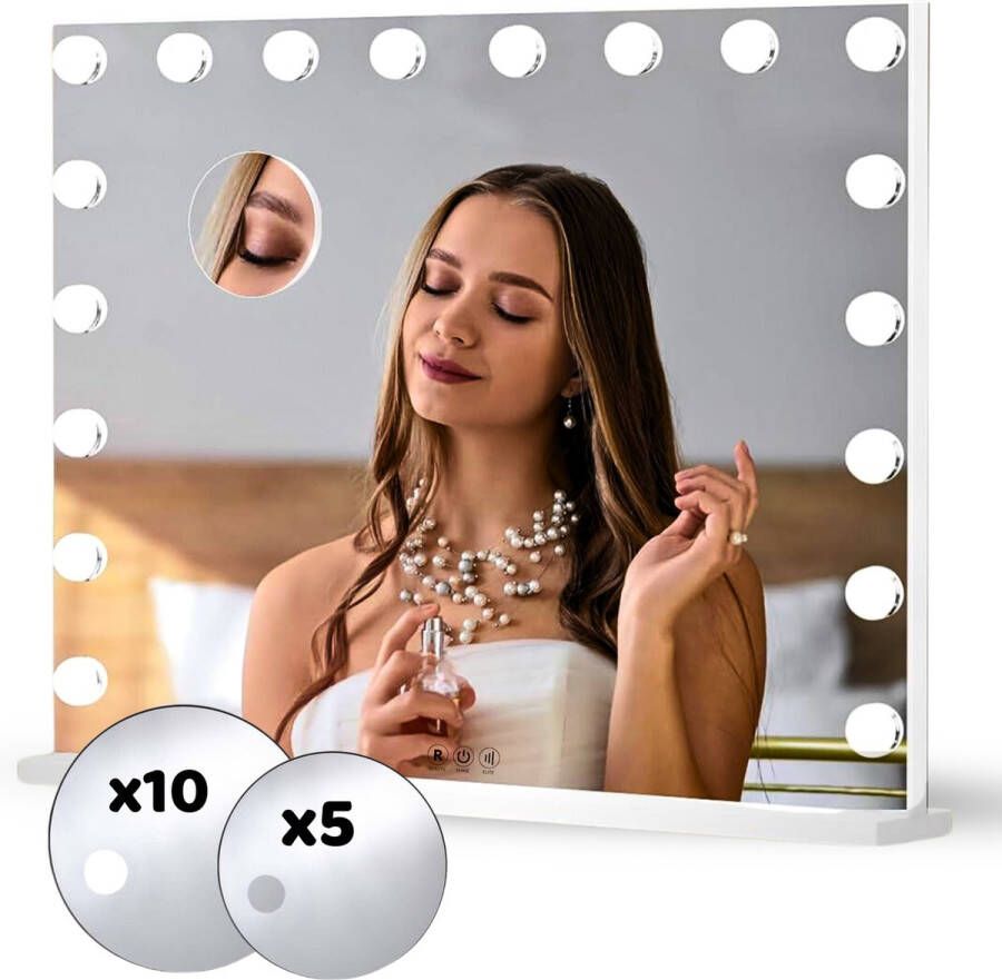 Beauty Shine Elite Grote Hollywood Spiegel met Verlichting 80x60CM USBC 10xVergrotingsspiegel drie lichtstanden wit- dimbaar 18 LED lampen Make up spiegel met verlichting make-up spiegel