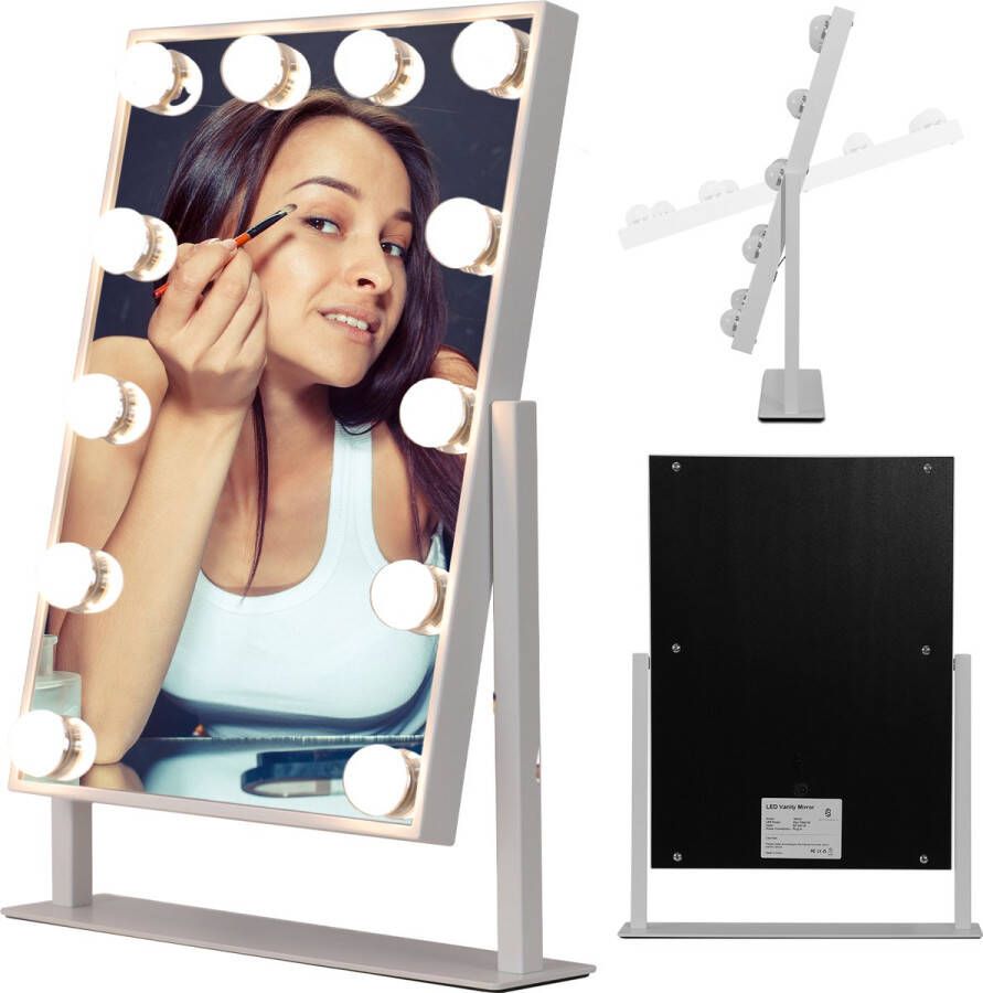 Beauty Shine Elite Hollywood make up Spiegel met verlichting 360 graden Rotatie Drie LED Licht Instellingen Visagie Desktop make-upspiegel 30cm x 41cm Wit Metalen Frame
